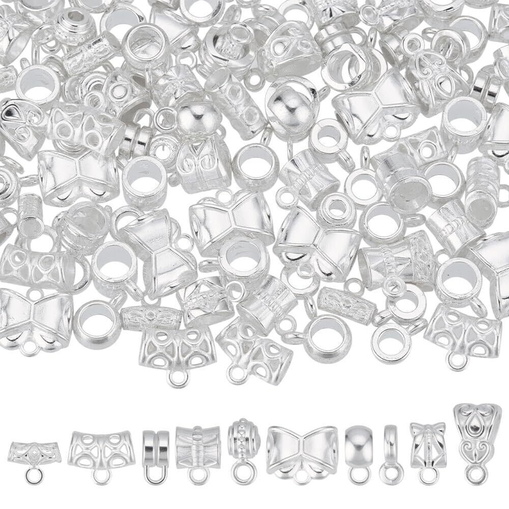 1986 150 Pcs 10 Styles Alloy Bail Beads Charms, Silver Tube Bail with Loop